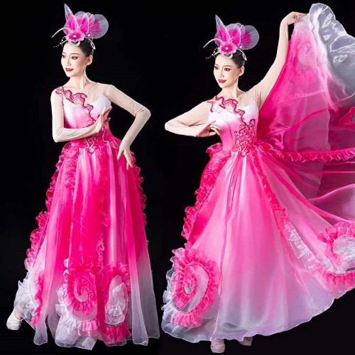 Women girls pink petals  flowers flamenco dance dresses chinese folk dance costumes paso double opening dance choir ballroom dance dress for female